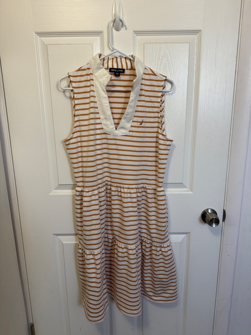 Nautica Jeans Cream and Tan Striped Polo Dress